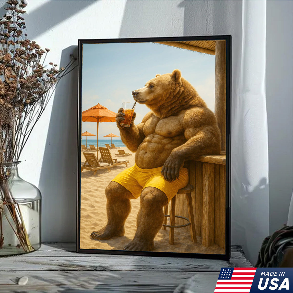 Funny Beach Bear Canvas Wall Art, Summer Vacation Animal Artwork
