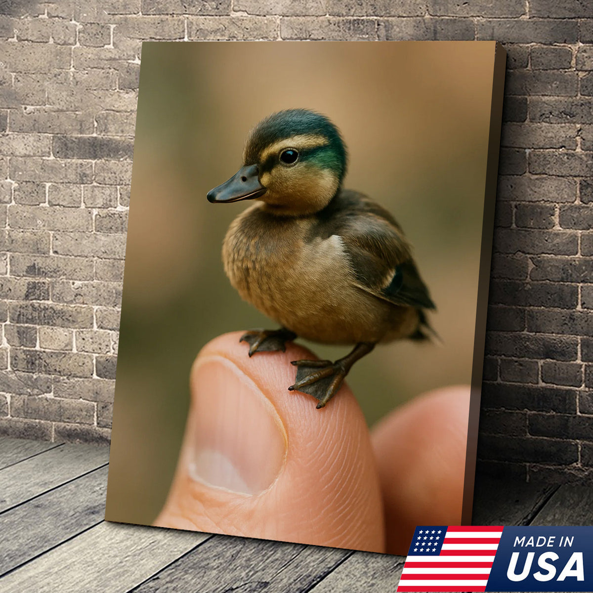 Cute Baby Duck Canvas Wall Art - Adorable Duckling Perched on Finger