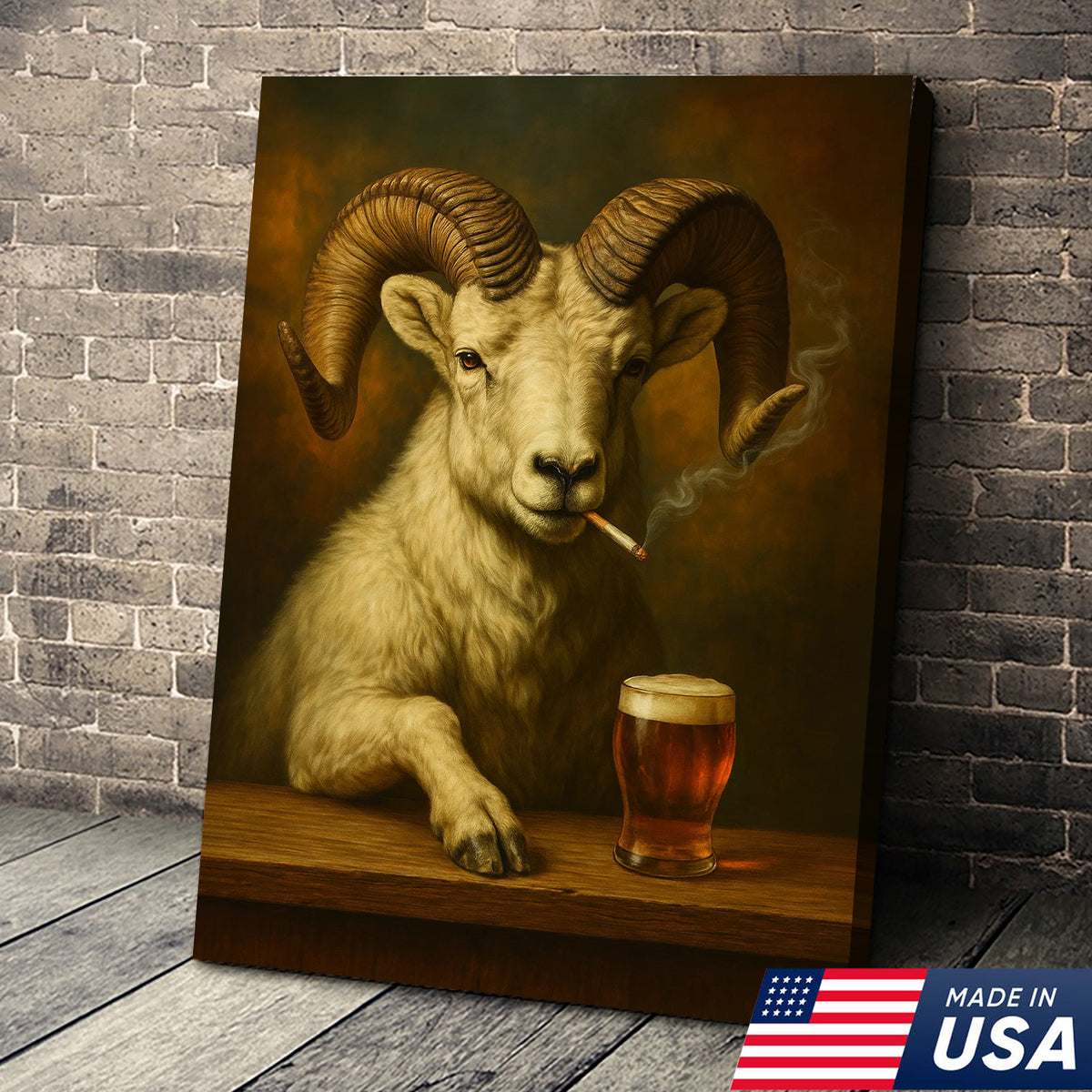 Rustic Dall Sheep Canvas Wall Art – Majestic Mountain Sheep with Beer Glass