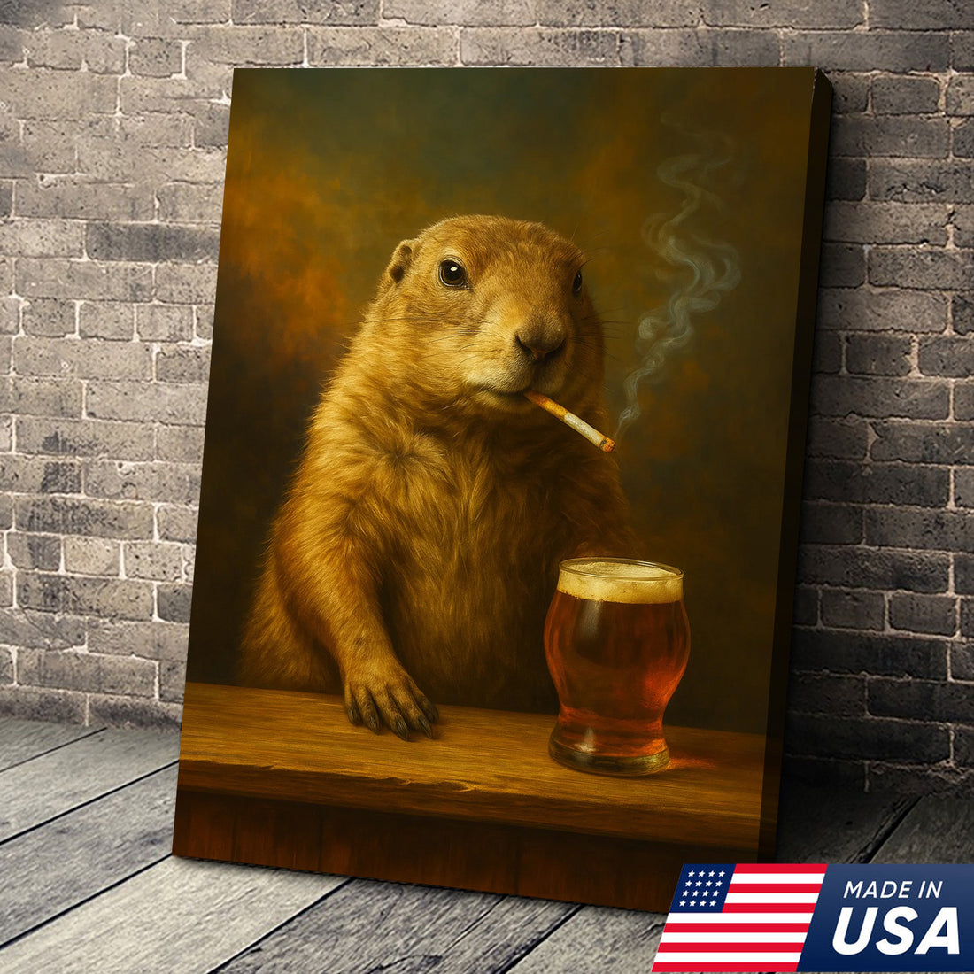 Rustic Prairie Dog Canvas Wall Art – Funny Wildlife Bar Scene with Beer – Hunting Cabin Decor