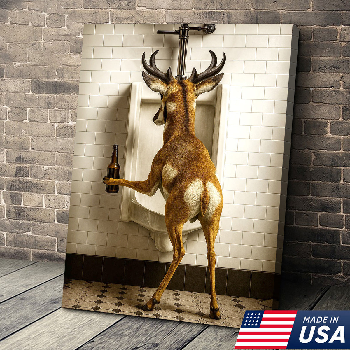 Funny Pronghorn Canvas Wall Art - Rustic Bathroom Lodge Decor for Hunters - Unique Wildlife Cabin Print