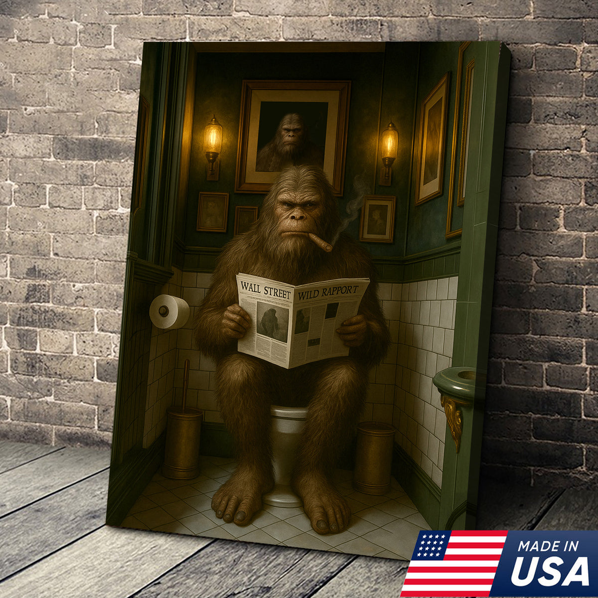 Funny Bigfoot Bathroom Wall Art – Rustic Hunting Cabin Toilet Humor Canvas Decor
