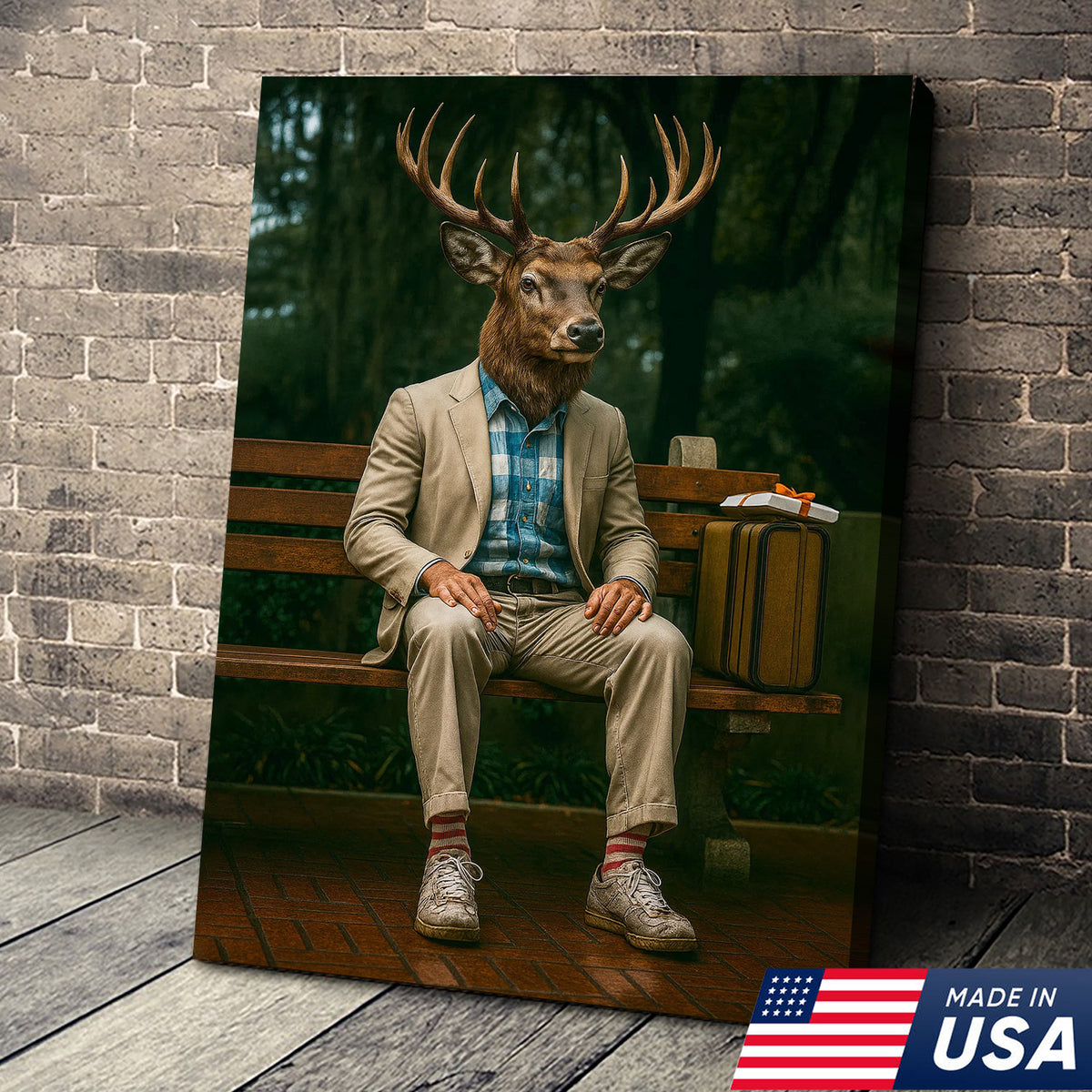 Funny Deer Canvas Wall Art – Buck Sitting on Bench – Whitetail Deer Hunting Lodge Decor