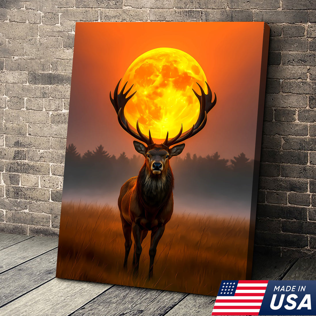 Majestic Elk Full Moon Canvas Wall Art – Hunting Cabin Decor Gift for Hunters