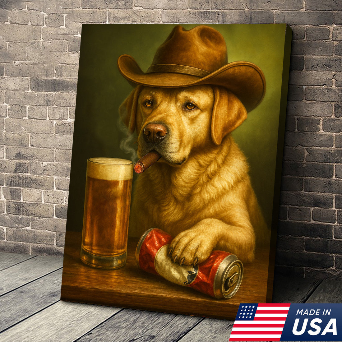Funny Cowboy Dog Wall Art – Funny Beer & Smoking Canvas For Hunters, Bar & Man Cave Decor