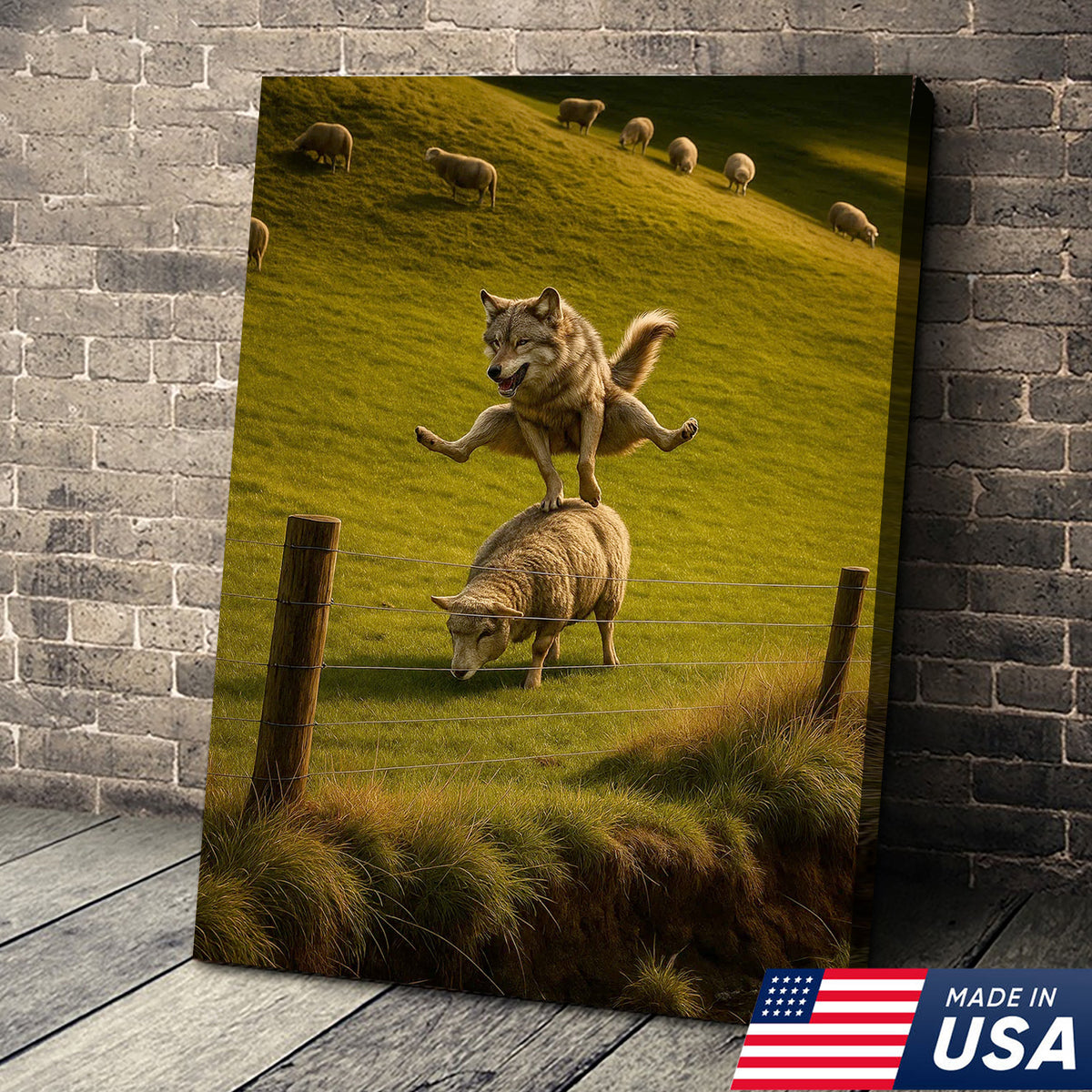 Funny Wolf and Sheep Canvas Wall Art - Hilarious Animal Jump Scene, Rustic Farmhouse Decor