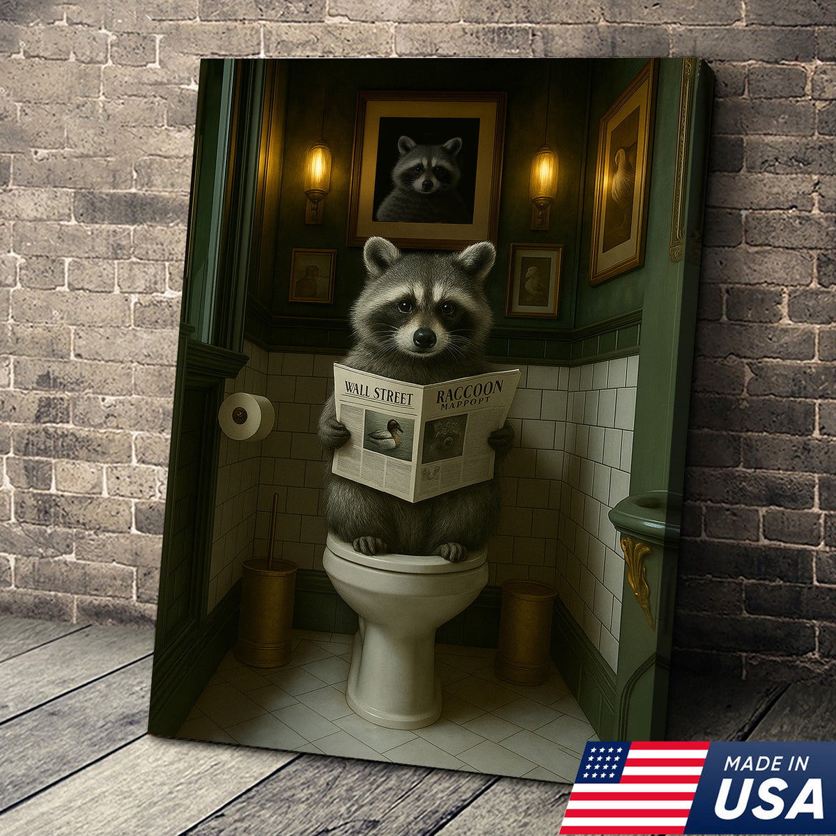 Funny Raccoon Bathroom Wall Art – Rustic Toilet Humor Cabin Canvas Decor