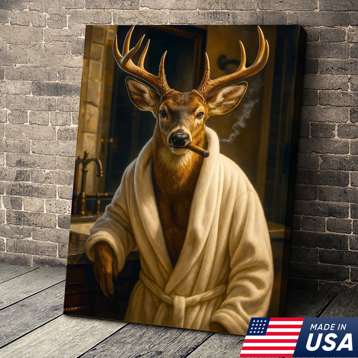 Deer Canvas Wall Art – Stylish Buck in Bathrobe Smoking Cigar Rustic Bathroom Decor for Hunters