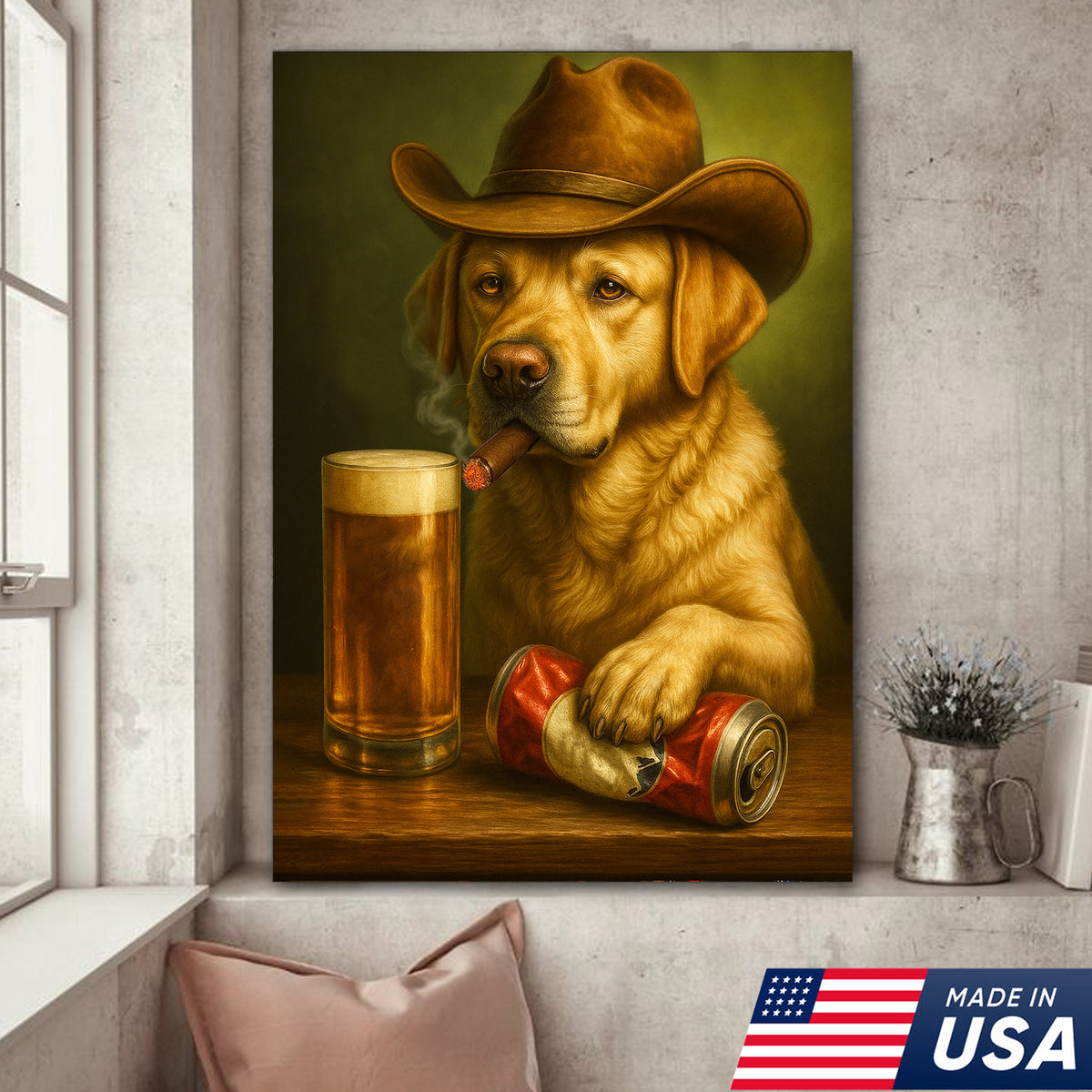 Funny Cowboy Dog Wall Art – Funny Beer & Smoking Canvas For Hunters, Bar & Man Cave Decor