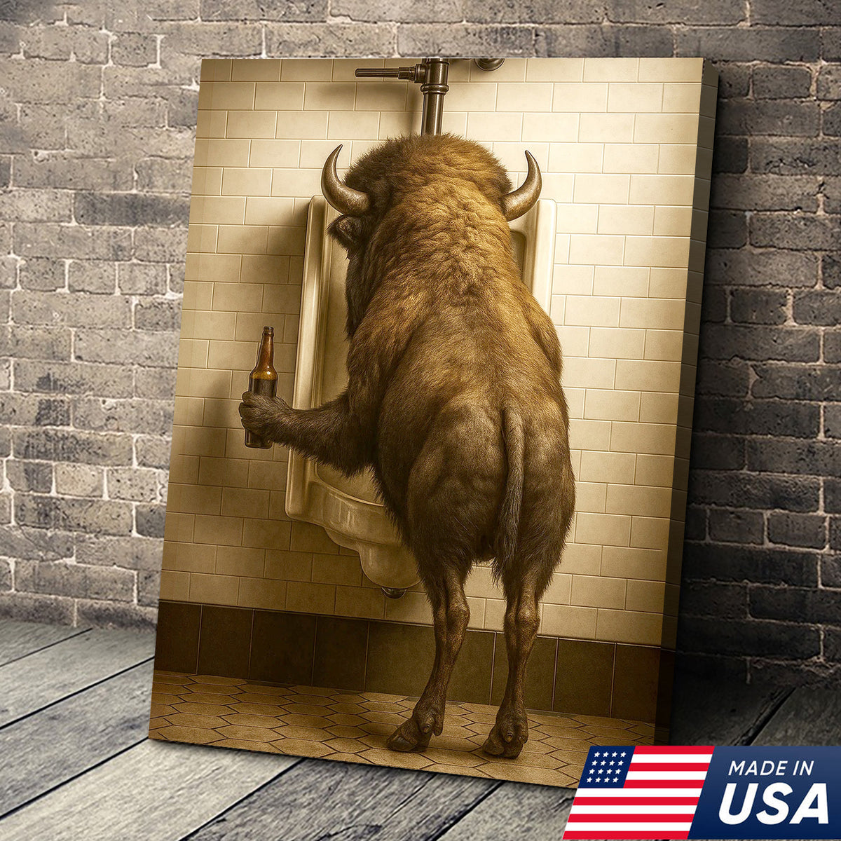 Funny Bison Canvas Wall Art - Rustic Bathroom Lodge Decor for Hunters - Unique Wildlife Cabin Print