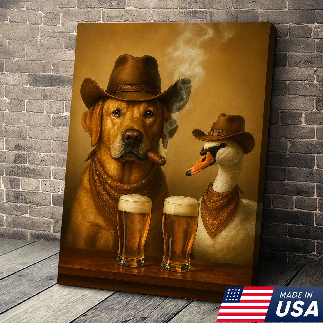 Funny Cowboy Dog & Geese Wall Art Canvas – Funny Beer & Smoking Canvas for Hunters