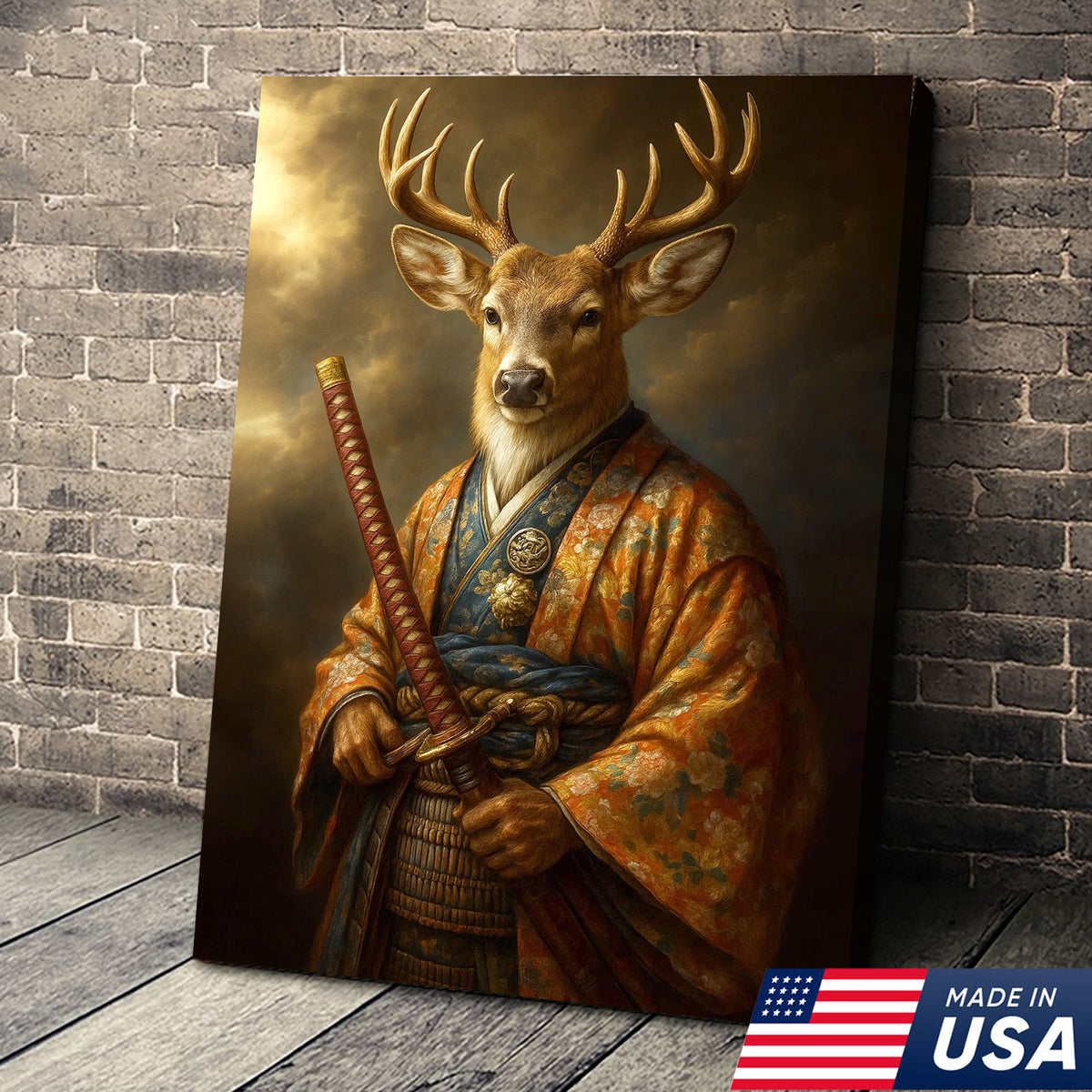 Deer Canvas Wall Art – Majestic Samurai Buck with Katana Warrior Rustic Lodge Decor