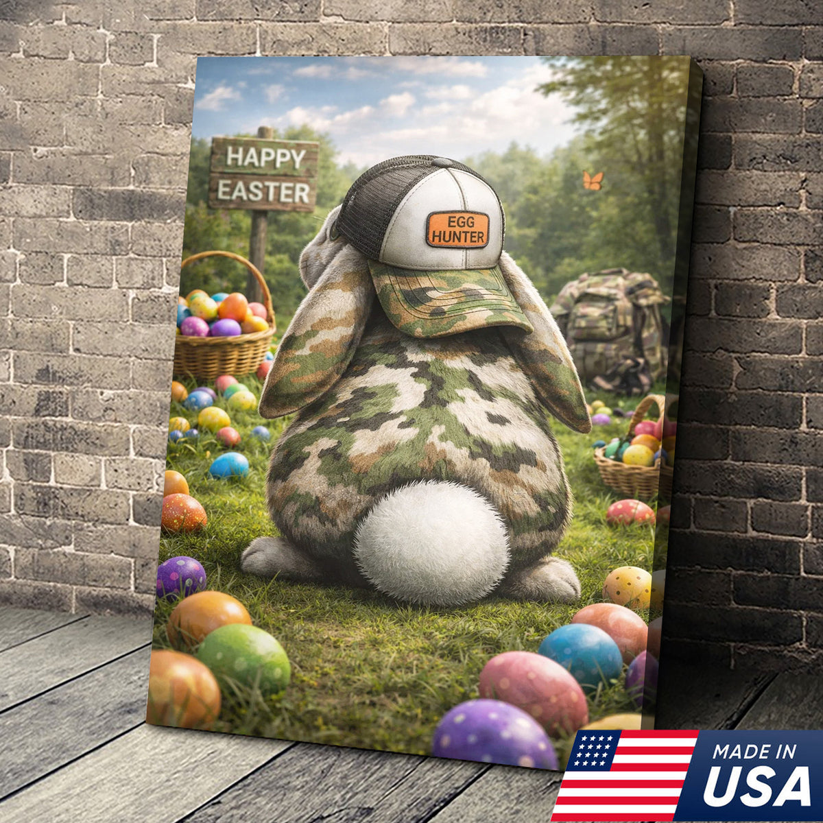 Funny Easter Bunny Hunter Canvas Wall Art, Camo Rabbit with Egg Hunter Hat