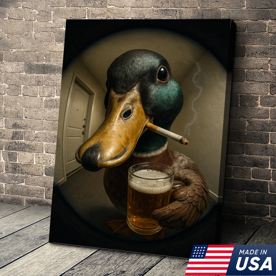 Mallard Duck Fisheye Canvas Wall Art – Funny Close-Up Door Peephole Portrait with Beer Glass
