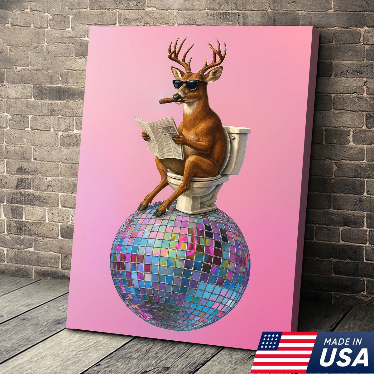 Deer Canvas Wall Art – Funny Buck Reading Newspaper on Toilet with Disco Ball Unique Bathroom Decor