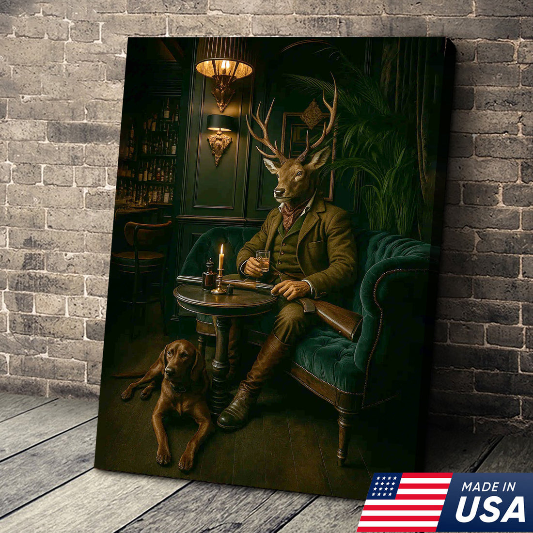 Vintage Deer Hunter Canvas Wall Art - Anthropomorphic Stag with Dog in Rustic Lounge