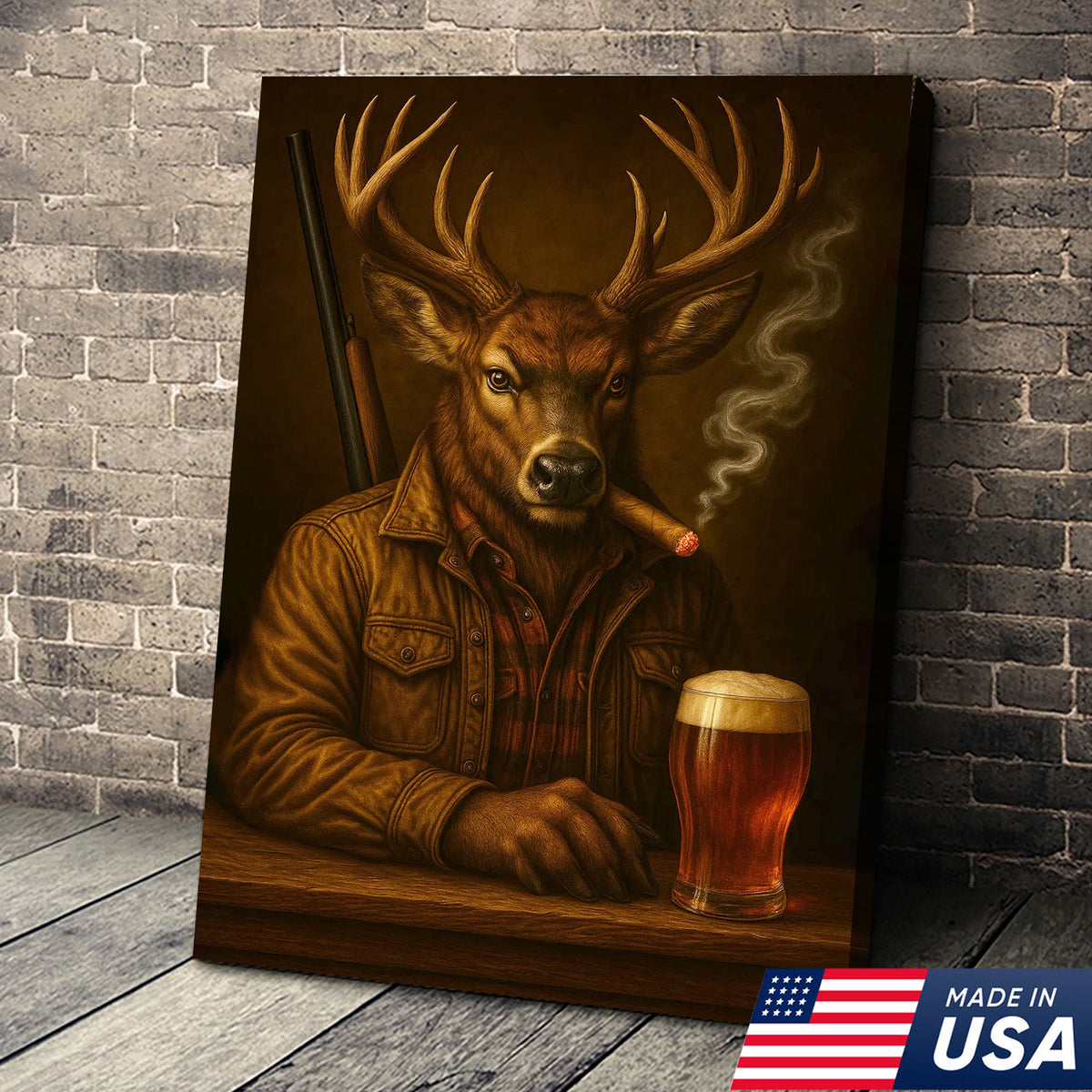 Majestic Deer Canvas Wall Art – Surreal Hunter Portrait with Beer Glass, Bold Rustic Decor