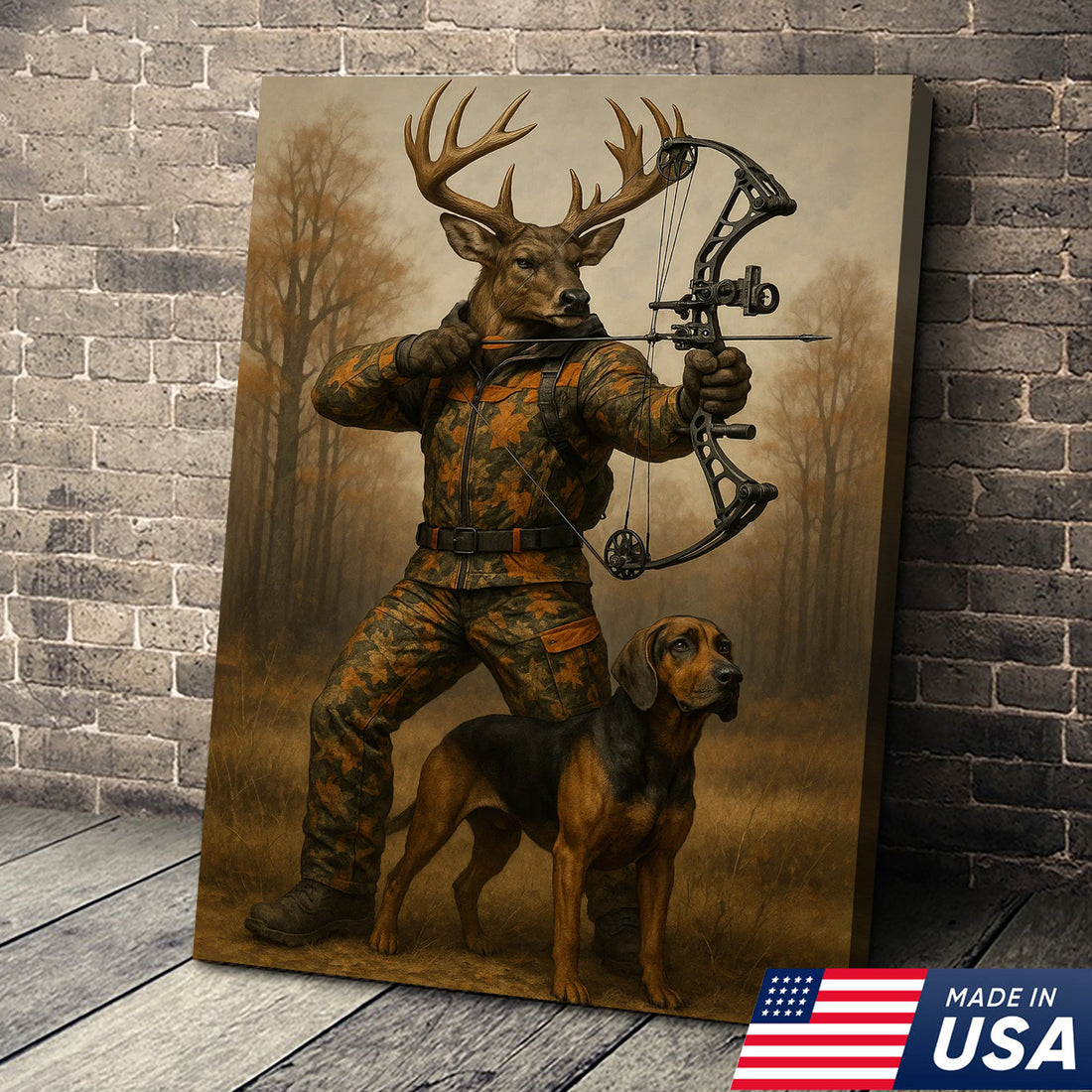 Whitetail Buck Bowhunter Canvas Wall Art – Deer Archer in Camo with Hound Dog – Archery Hunting Decor