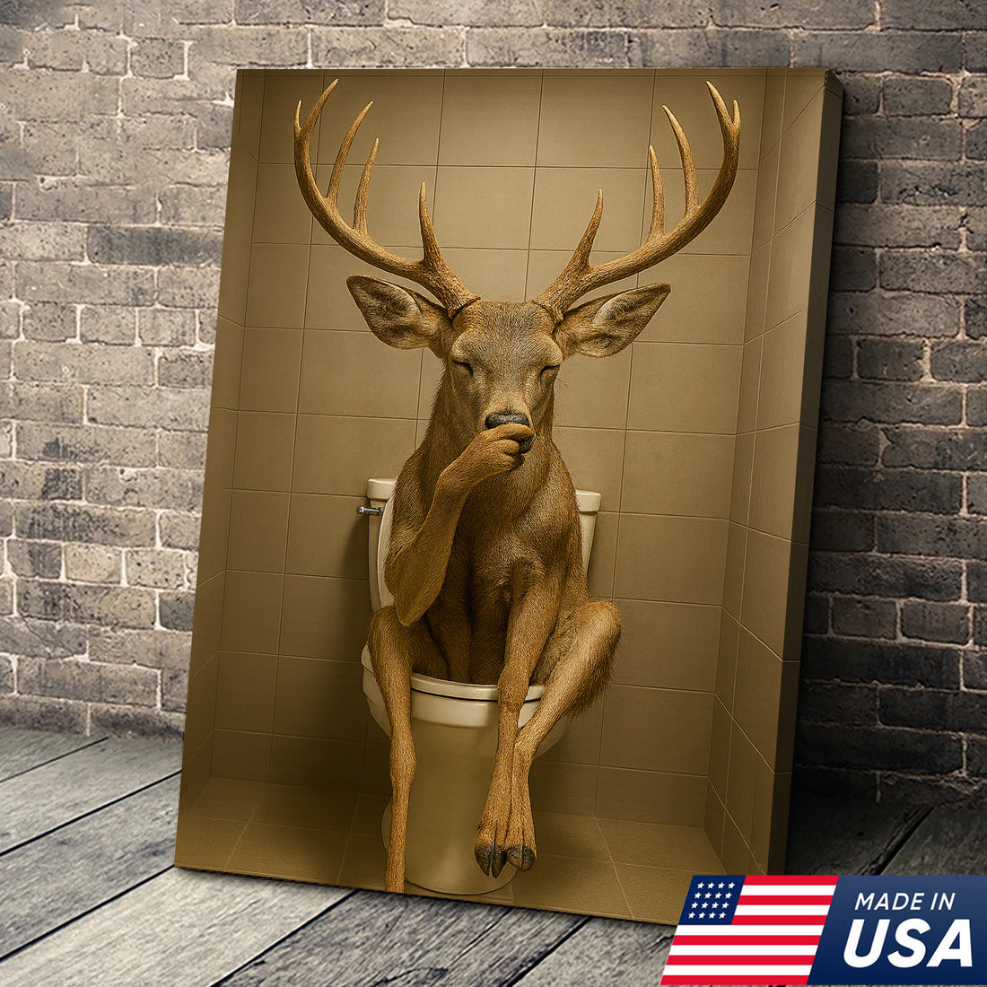 Funny Deer Bathroom Canvas Wall Art – Rustic Toilet Canvas for Cabin, Lodge & Man Cave Decor