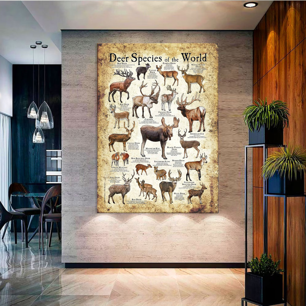 Deer Species of the World Poster Canvas - Guide for Hunting Enthusiasts, Featuring 20+ Deer Species