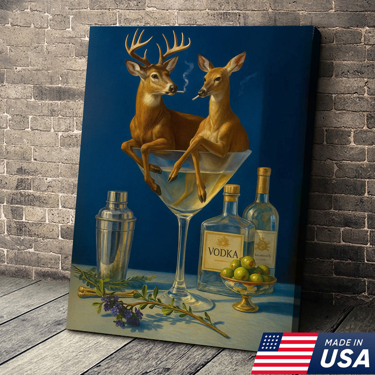 Funny Deer Couple Wall Art Canvas – Whimsical Buck and Doe in Martini Glass