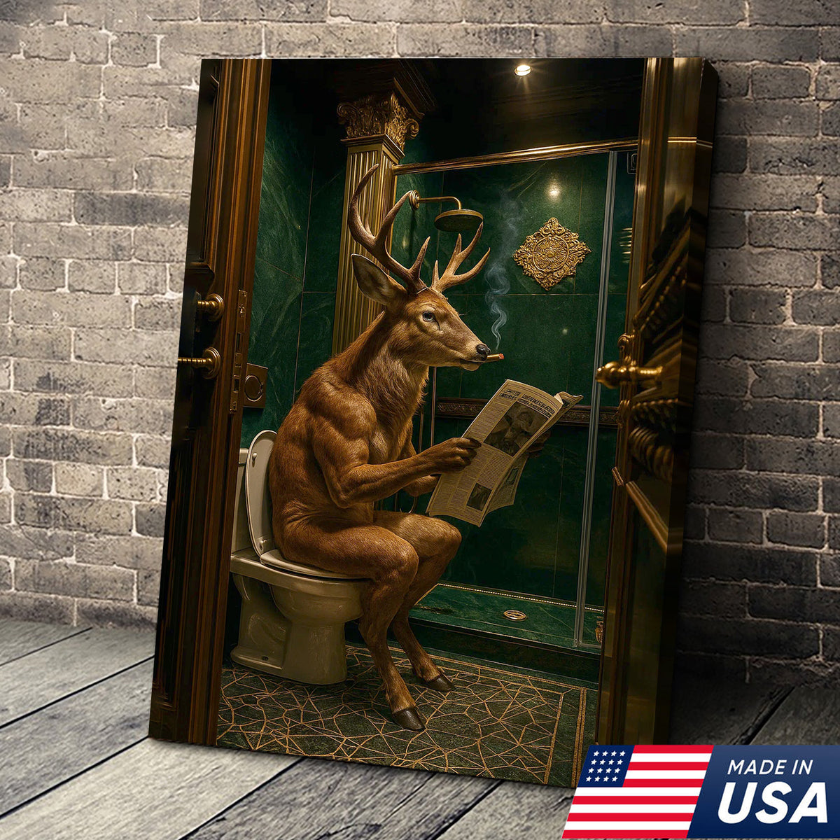 Funny Deer Canvas Wall Art - Anthropomorphic Deer Reading Newspaper in Bathroom