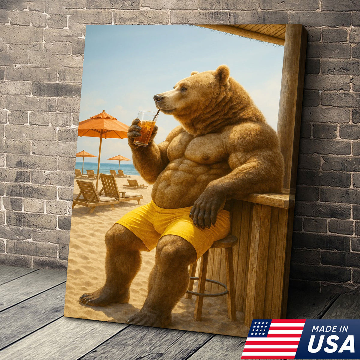 Funny Beach Bear Canvas Wall Art, Summer Vacation Animal Artwork
