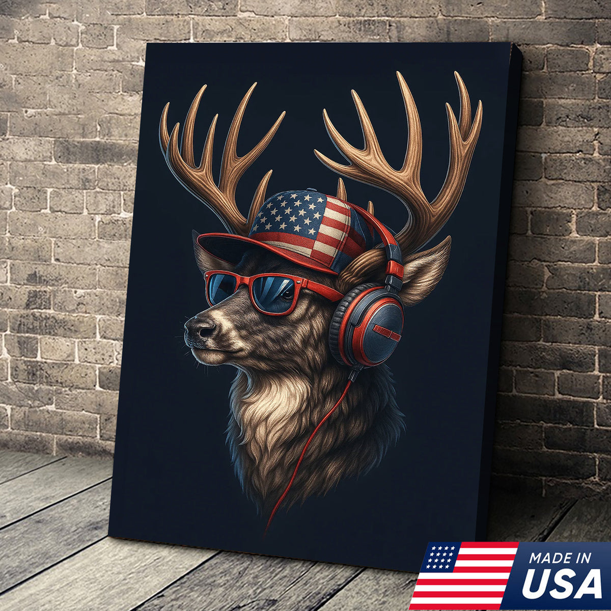 Patriotic Deer Wall Art Canvas – Cool Buck with American Flag Hat and Headphones