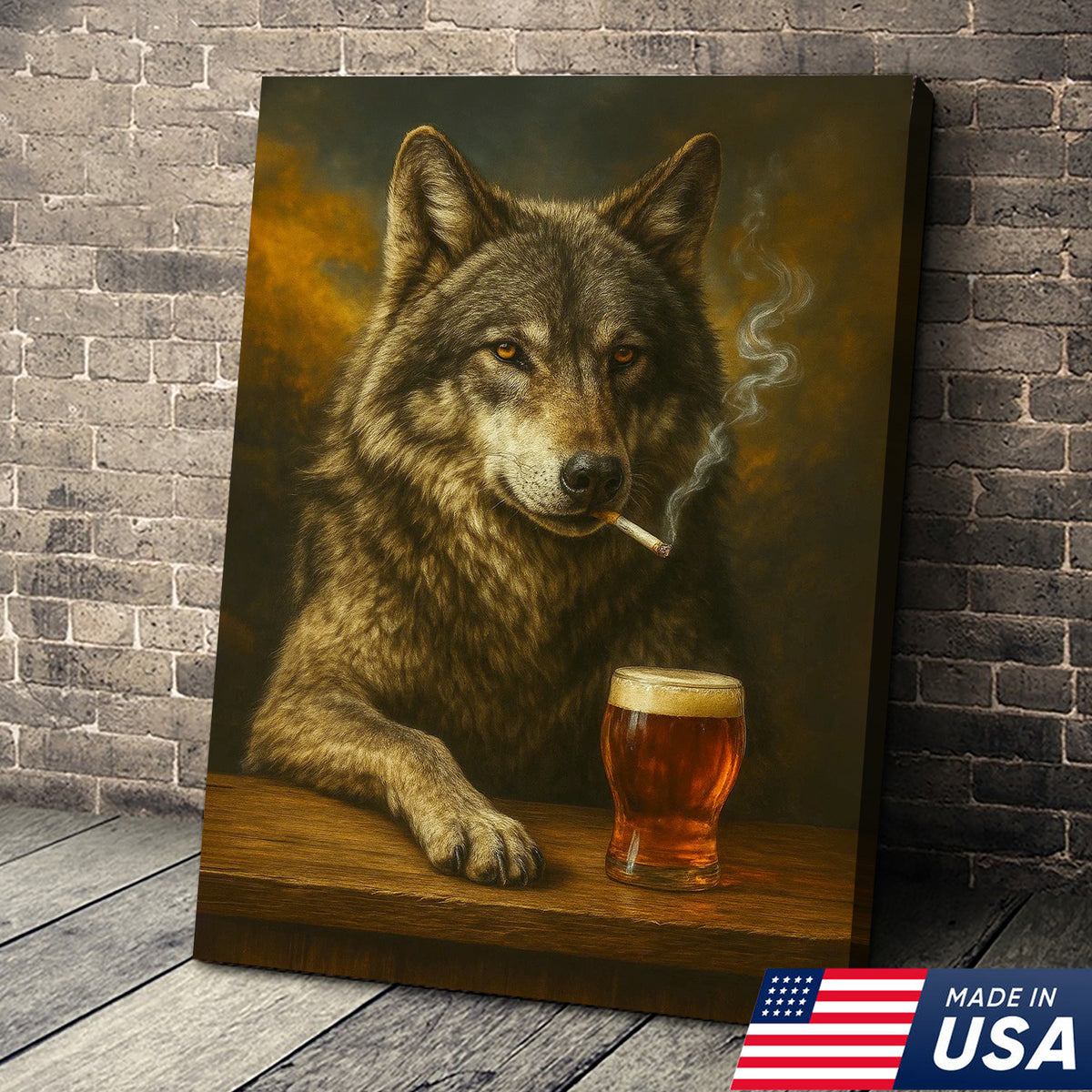 Rustic Gray Wolf Canvas Wall Art – Majestic Wildlife Bar Scene with Beer – Hunting Cabin Decor