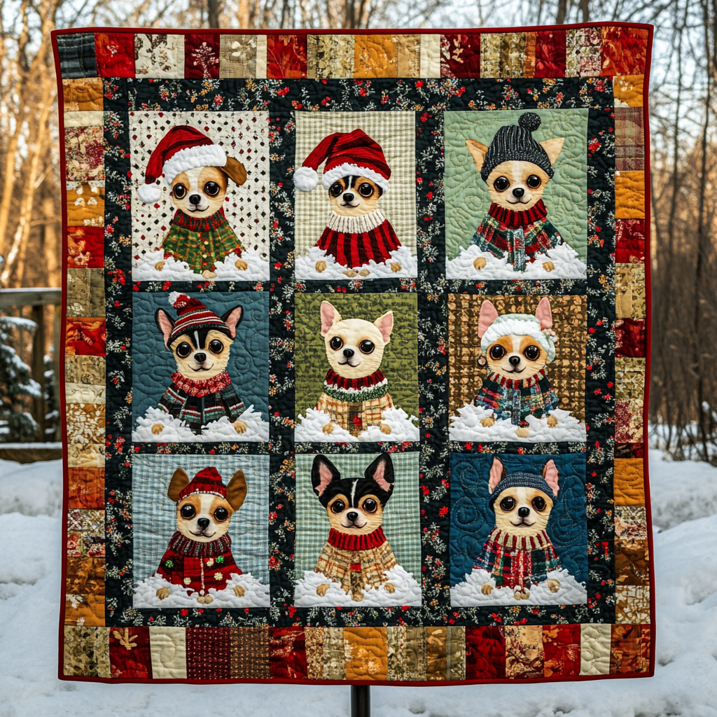 Chihuahua Christmas Snow Quilt Blanket