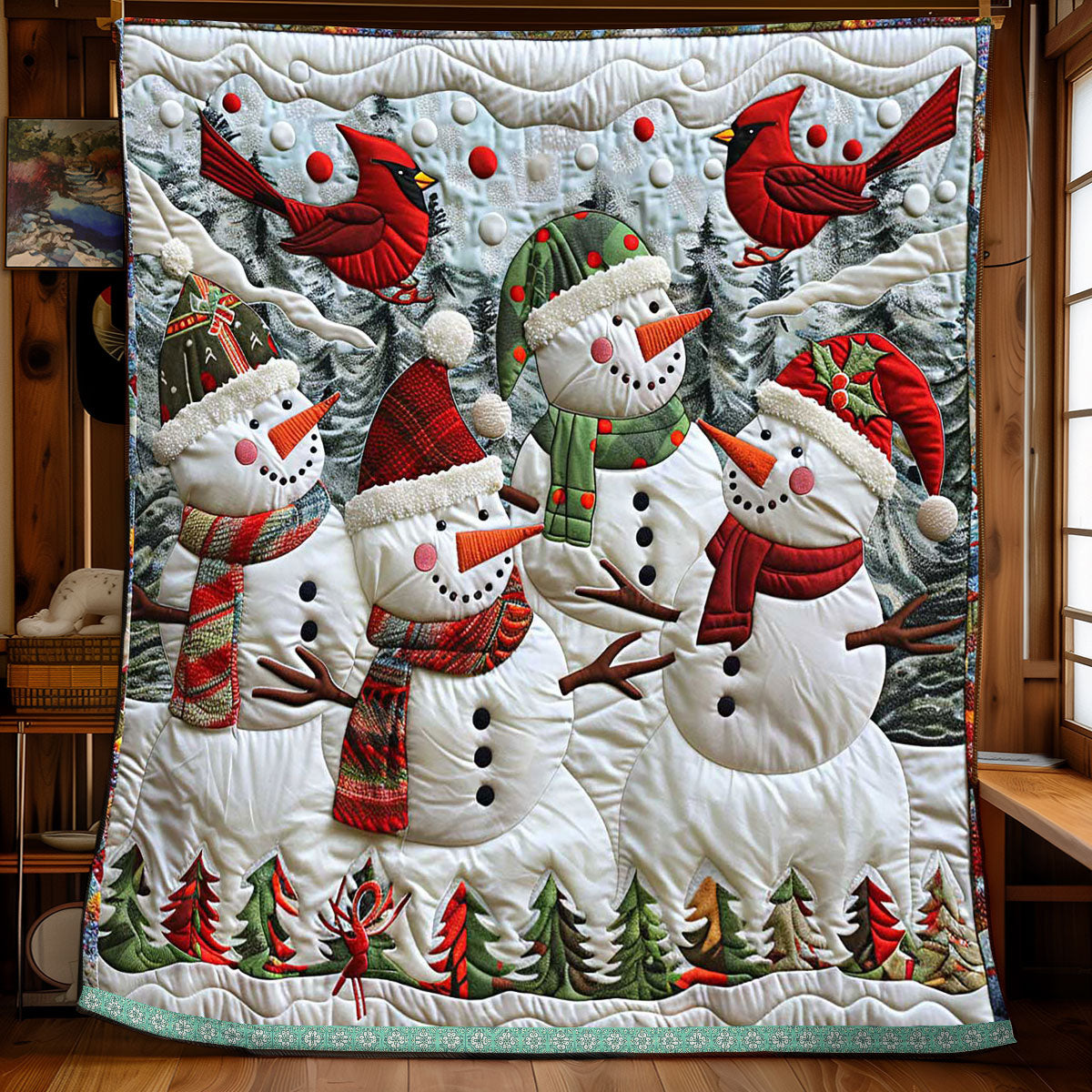 Cheerful Snowman Cardinal Quilt Blanket