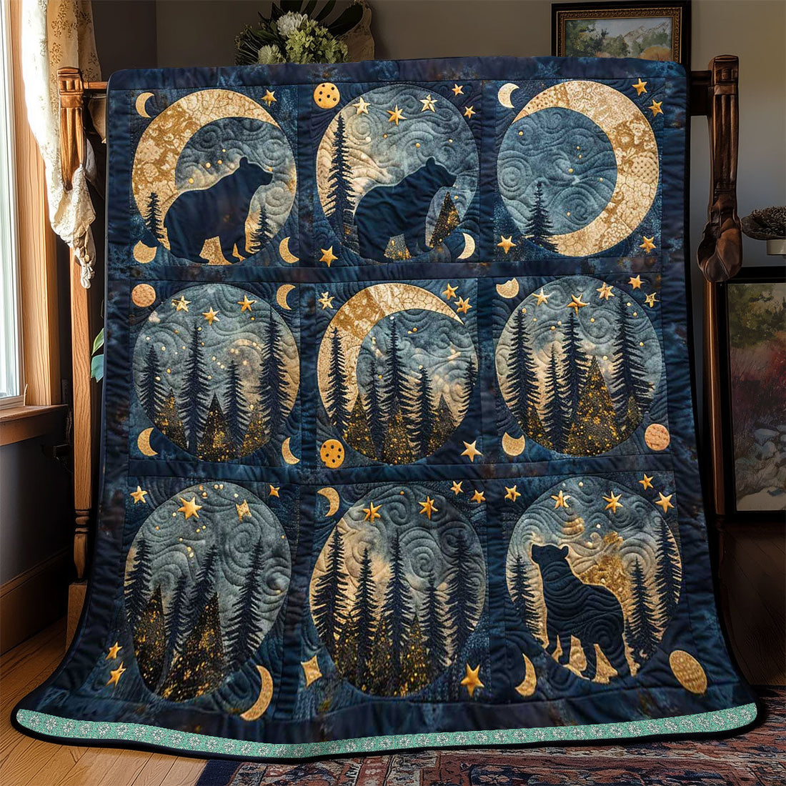 Moon Phase Bear Quilt Blanket
