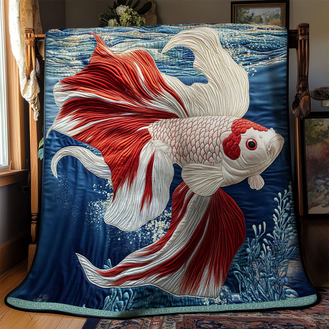 Red White Fish Quilt Blanket