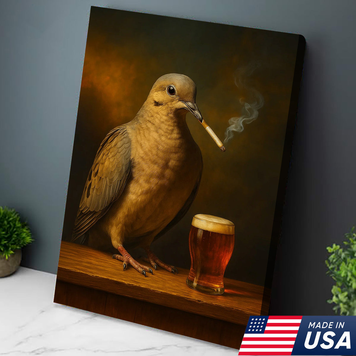 Rustic Mourning Dove Canvas Wall Art – Unique Wildlife Bar Scene with Beer