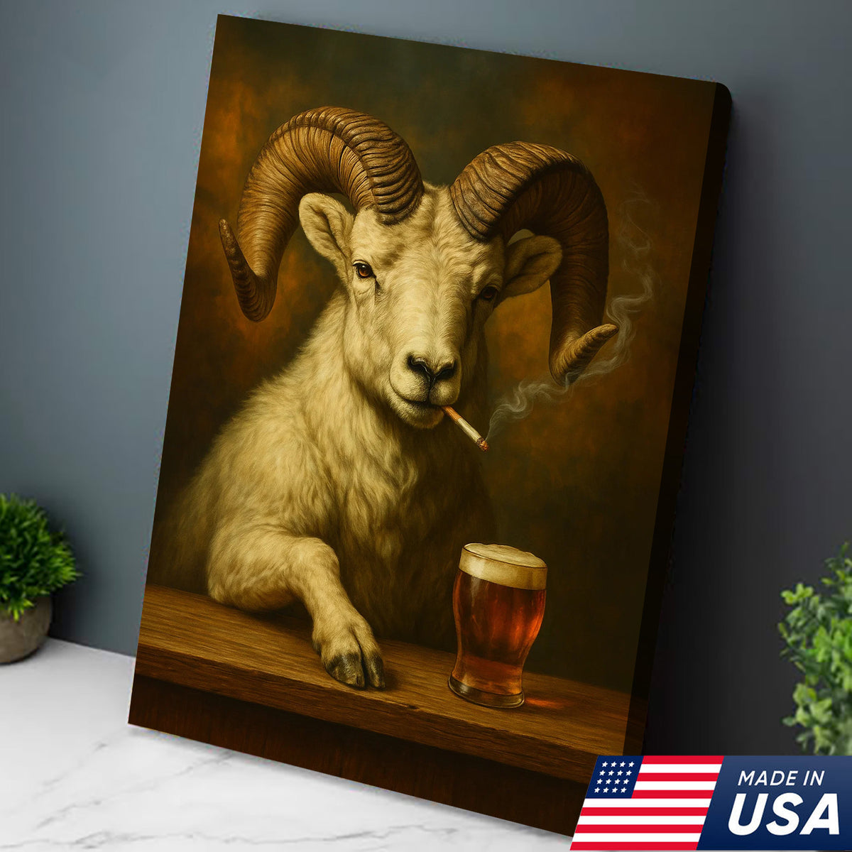 Rustic Dall Sheep Canvas Wall Art – Majestic Mountain Sheep with Beer Glass