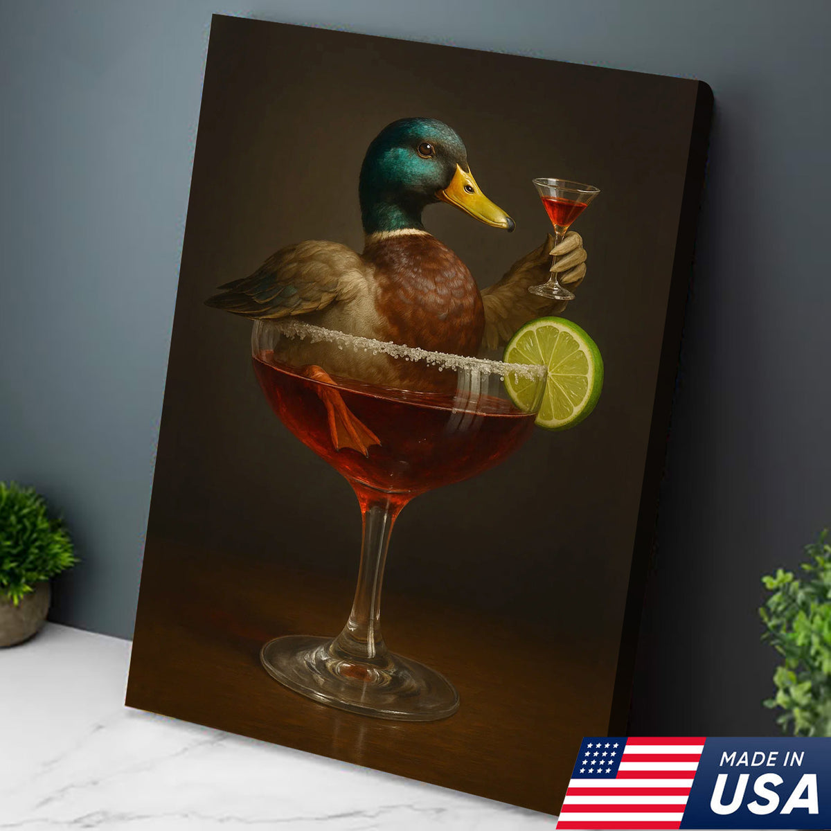 Funny Mallard Duck Canvas Wall Art - Quirky Animal in Cocktail Glass Design