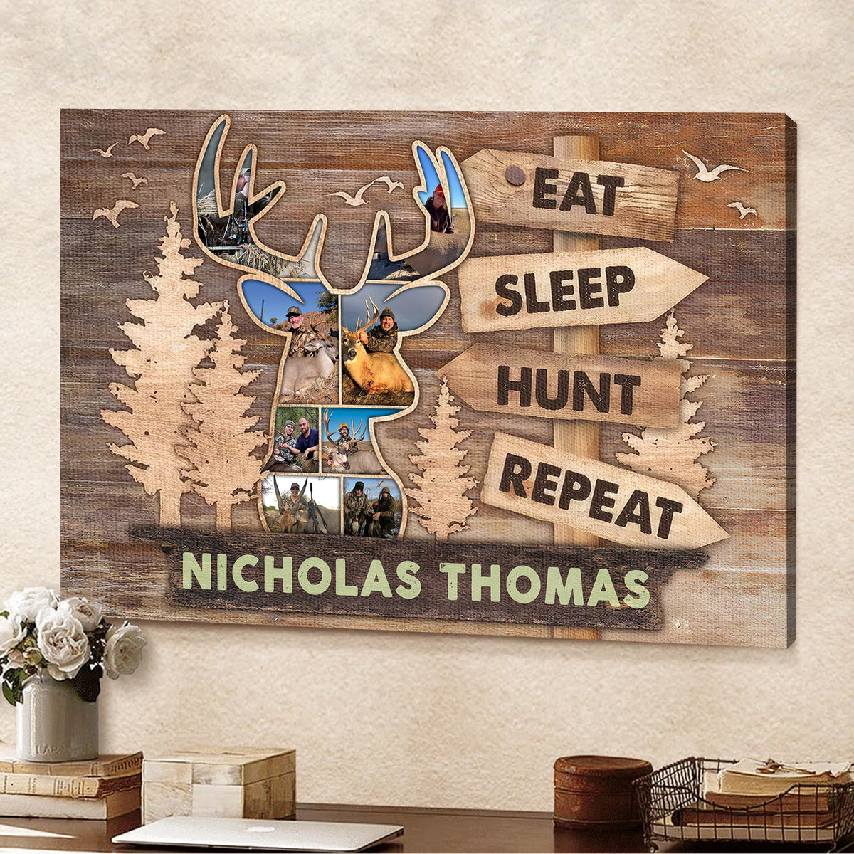 Personalized Hunting Canvas – Custom Deer Head Photo Collage Gift, Eat Sleep Hunt Repeat Wall Art for Hunters, Rustic Cabin Decor