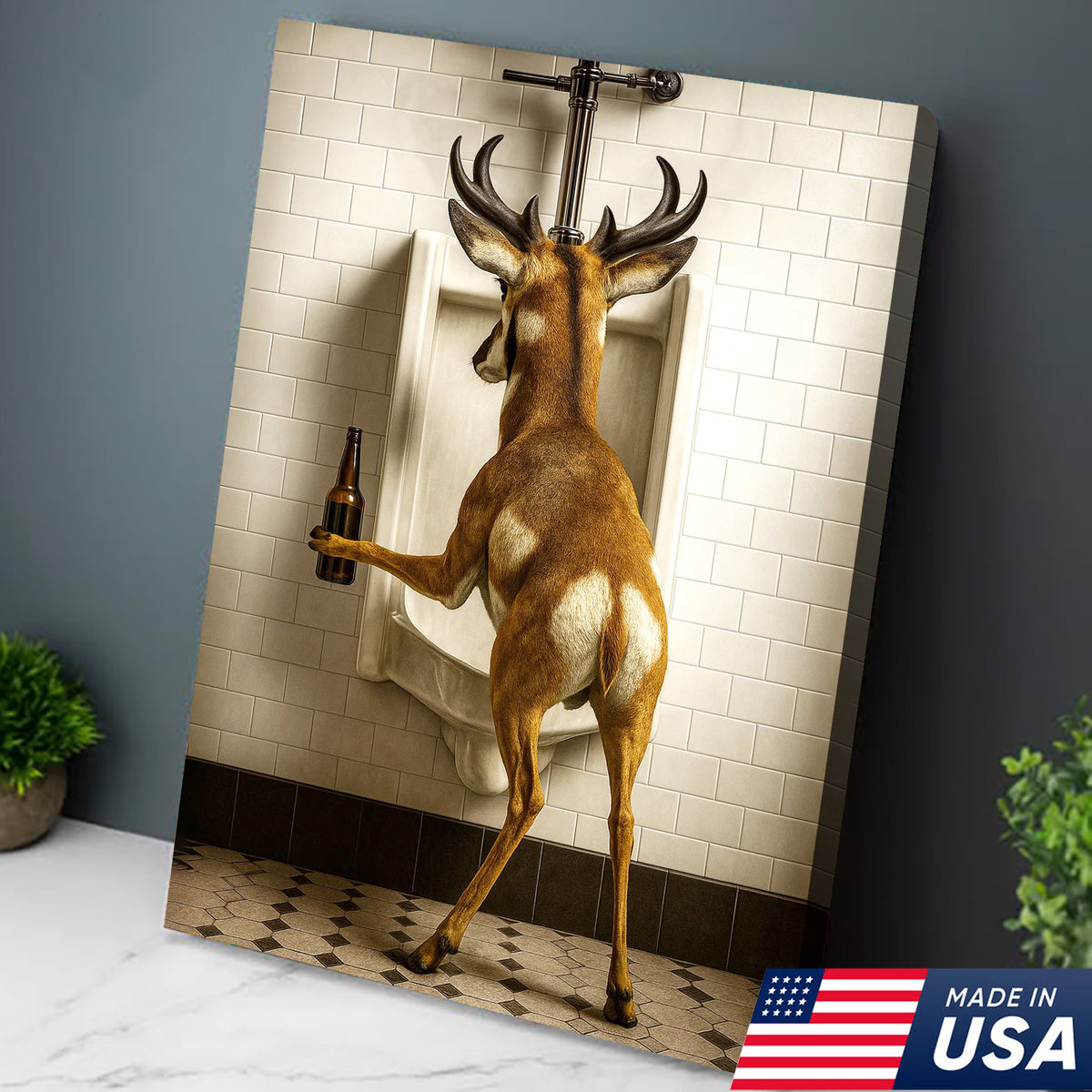 Funny Pronghorn Canvas Wall Art - Rustic Bathroom Lodge Decor for Hunters - Unique Wildlife Cabin Print