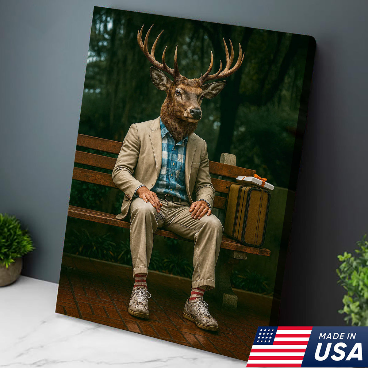 Funny Deer Canvas Wall Art – Buck Sitting on Bench – Whitetail Deer Hunting Lodge Decor