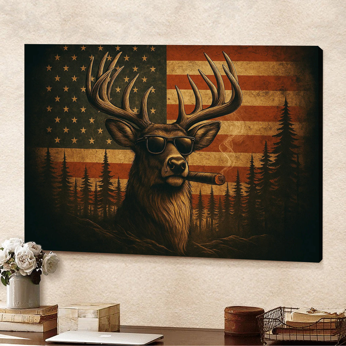 Deer Canvas Wall Art – Cool Buck with Sunglasses and USA Flag Rustic Hunting Lodge Decor