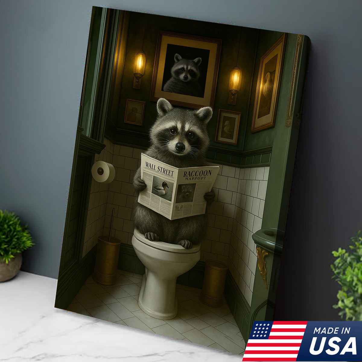 Funny Raccoon Bathroom Wall Art – Rustic Toilet Humor Cabin Canvas Decor