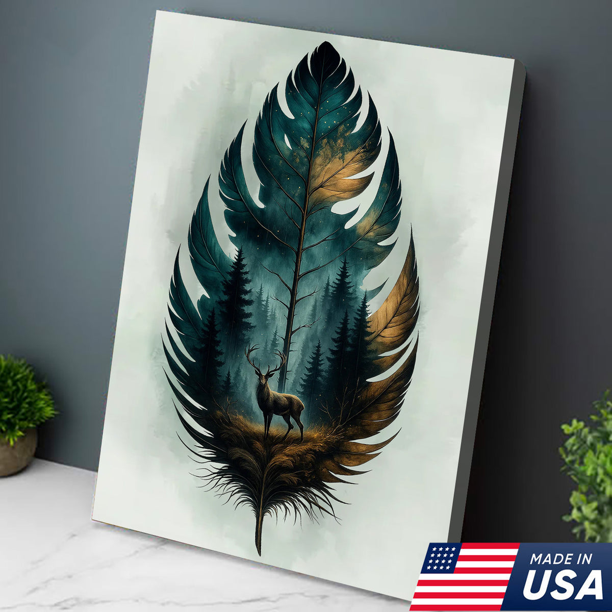 Rustic Deer And Feather Canvas Wall Art – Nature Forest Wildlife Print – Cabin & Lodge Hunting Decor