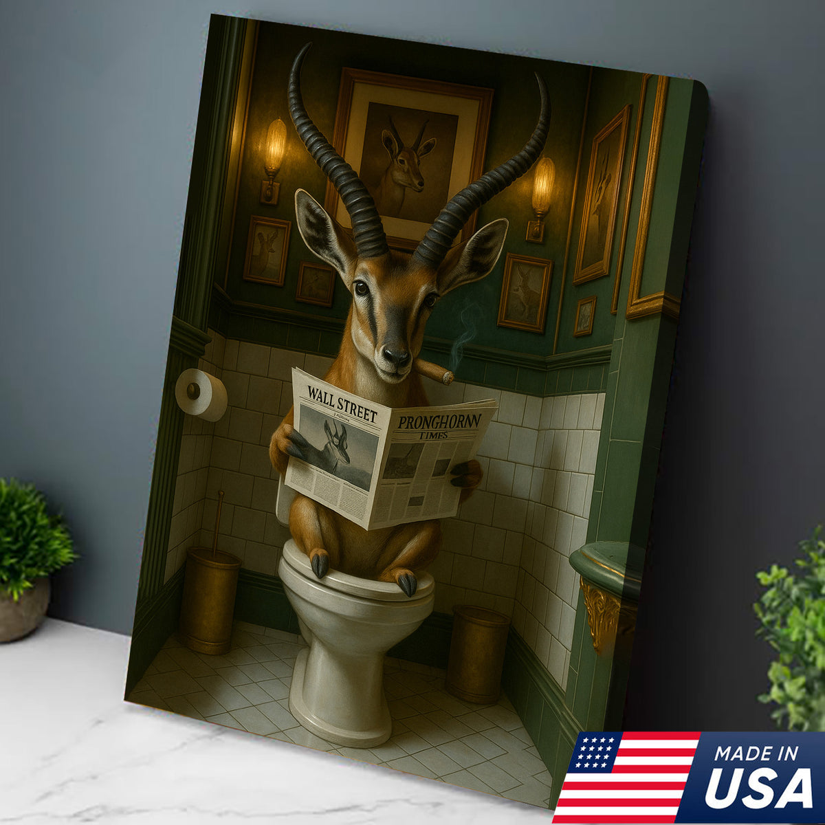 Funny Pronghorn Deer Wall Art – Hilarious Deer Hunting Bathroom Canvas for Hunters