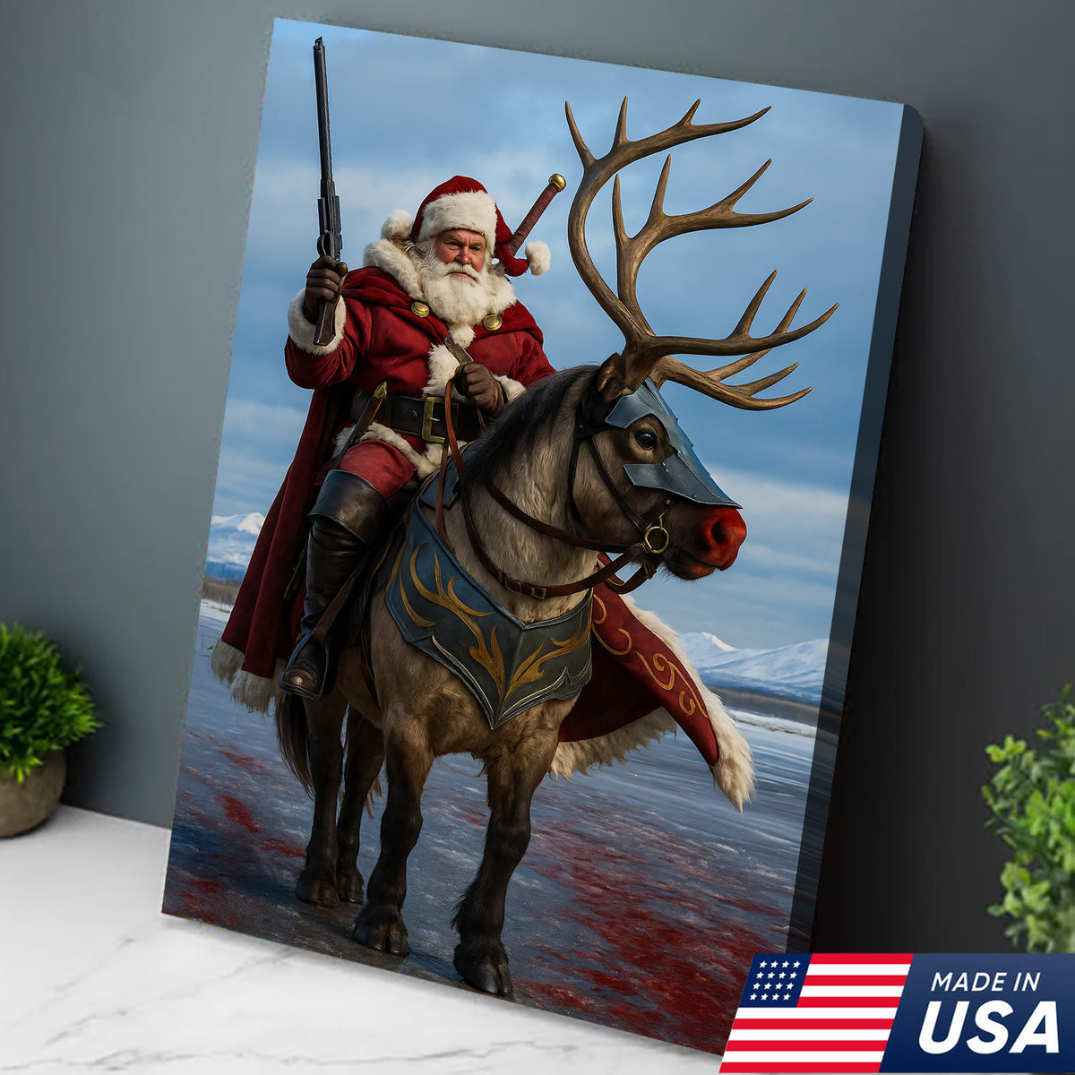 Epic Santa Riding Reindeer Canvas Wall Art, Fantasy Warrior Santa on Armored Reindeer