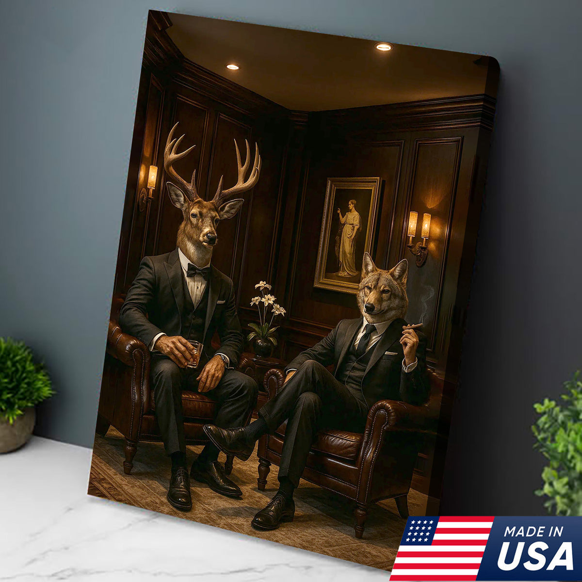 Elegant Deer and Wolf Canvas Wall Art - Sophisticated Animal Portrait in Suits, Luxury Rustic Decor