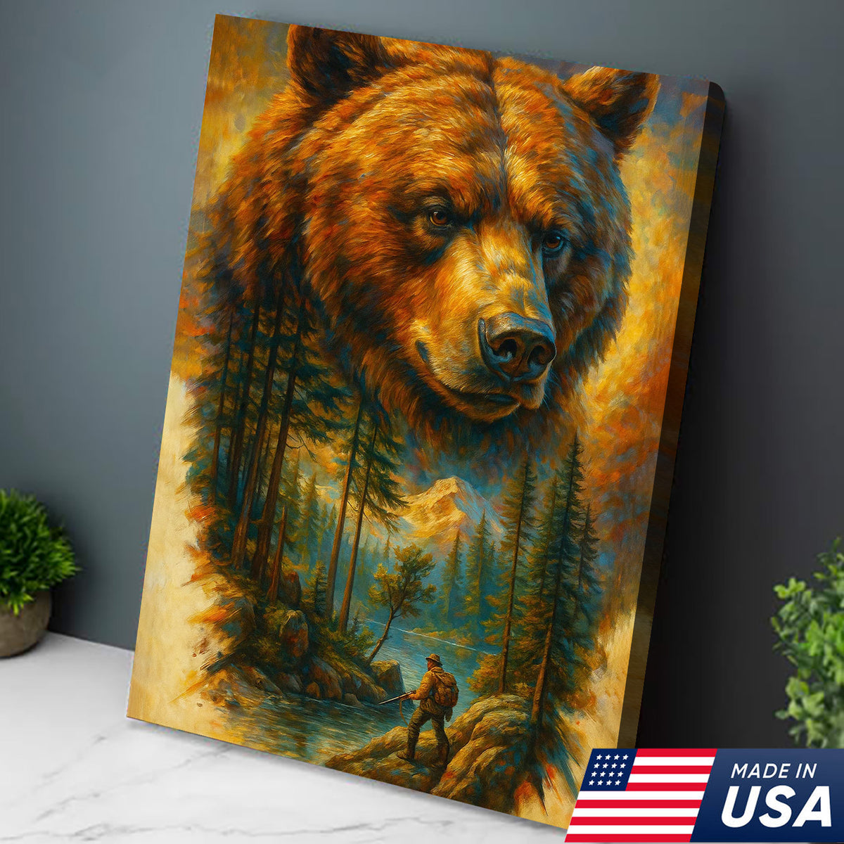 Epic Bear Canvas Wall Art – Wilderness Mountain Adventure Scene, Bold Nature Decor