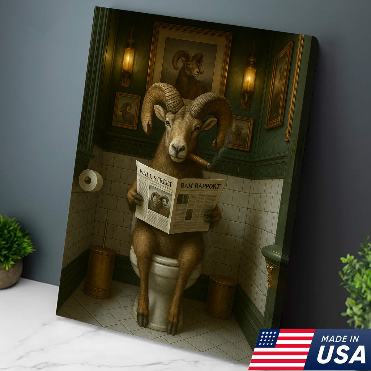Mountain Goat Toilet Humor Canvas – Funny Hunting Bathroom Wall Art for Hunters