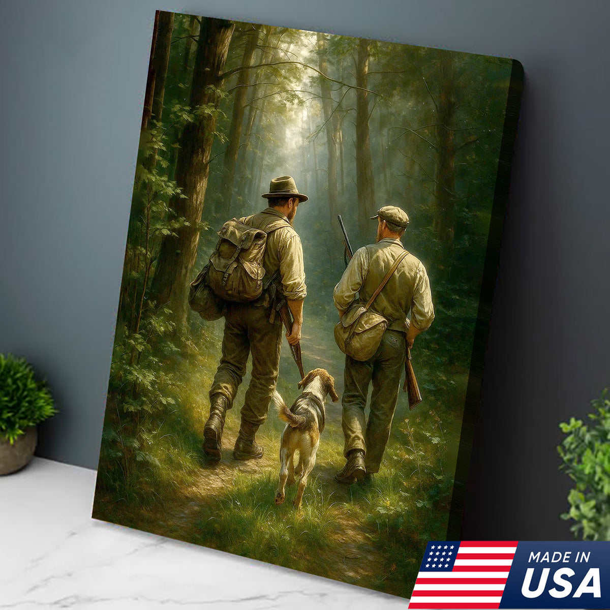 Hunting Canvas Wall Art – Hunters Walking with Dog in Forest – Rustic Cabin Decor