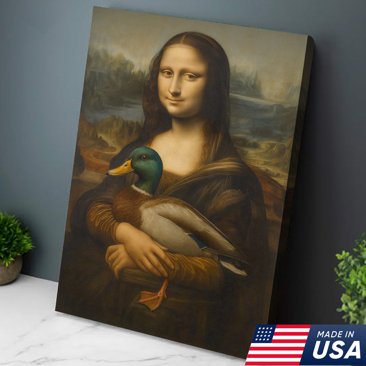 Funny Mona Lisa Duck Canvas Wall Art, Quirky Parody Painting Print for Bathroom or Office