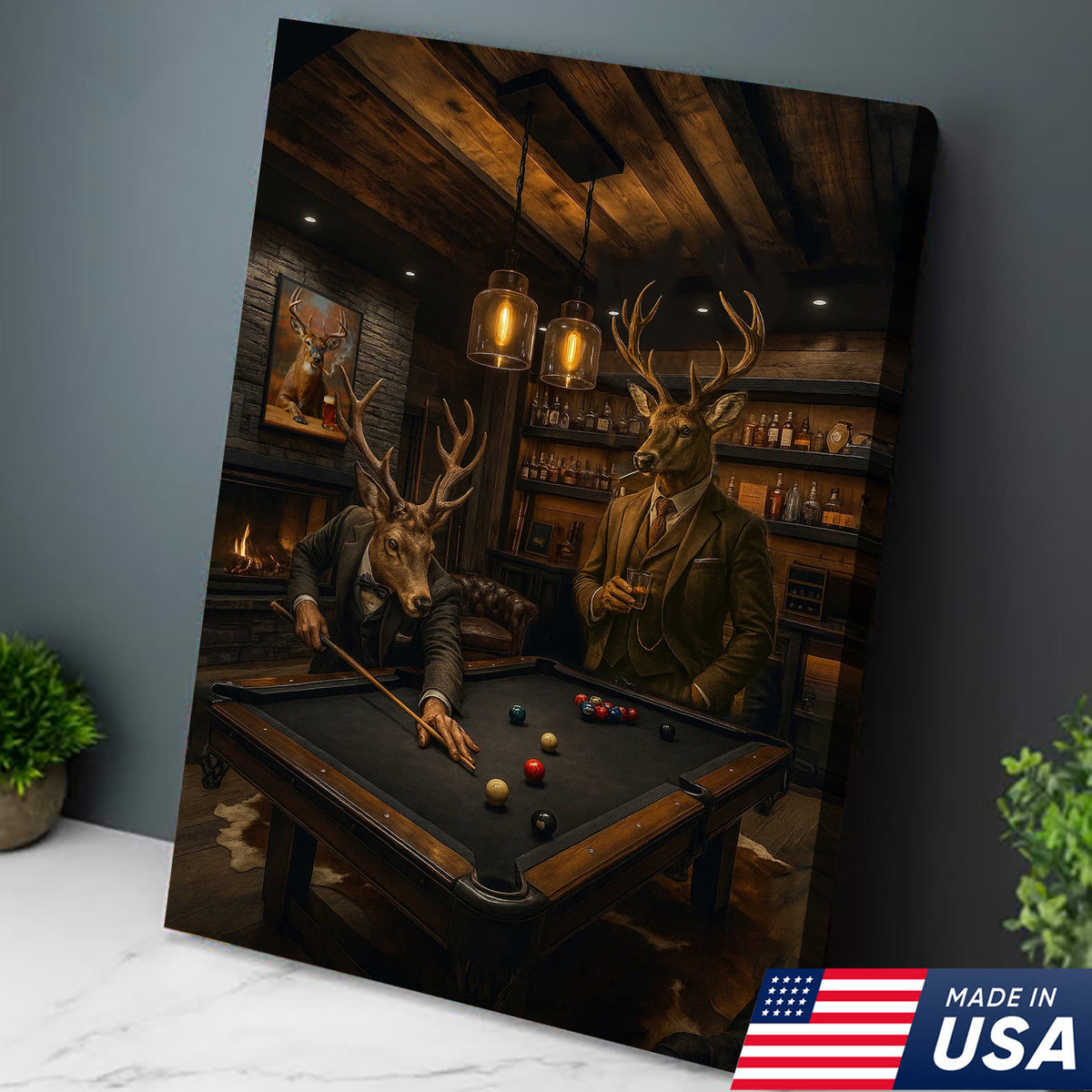 Deer Gentlemen Billiards Canvas Wall Art – Whitetail Bucks in Suits at Pool Table – Lodge Game Room Decor